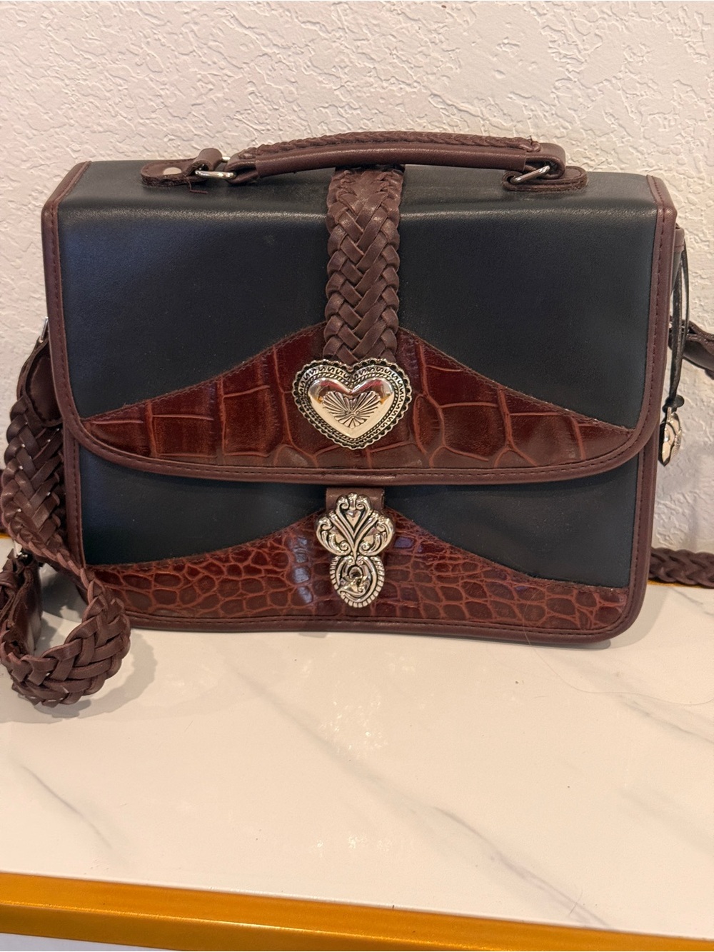 Braided Accent Black and Brown Leather Crossbody Bag